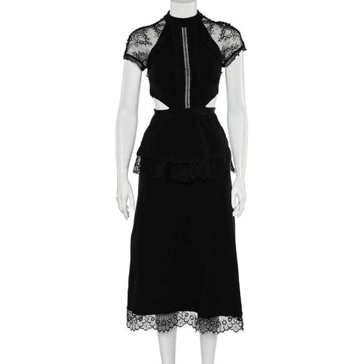 Pre Owned Self-Portrait Black Crepe And Lace Crawley Midi Dress S