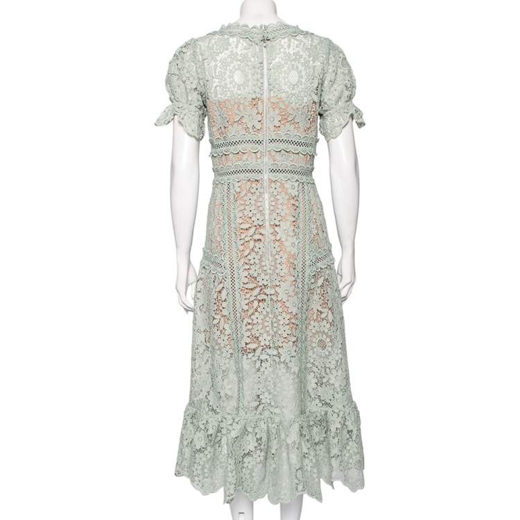 Pre Owned Self-Portrait Pistachio Green Guipure Lace Midi Dress M