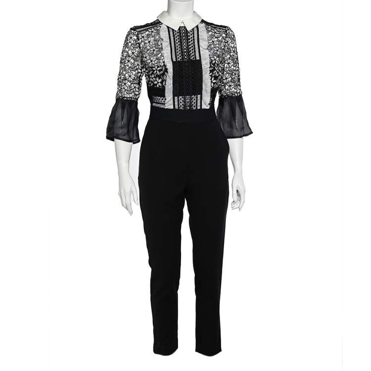 مملوكة مسبقًا Self-Portrait Black & White Lace Bodice Bell Sleeve Jumpsuit M