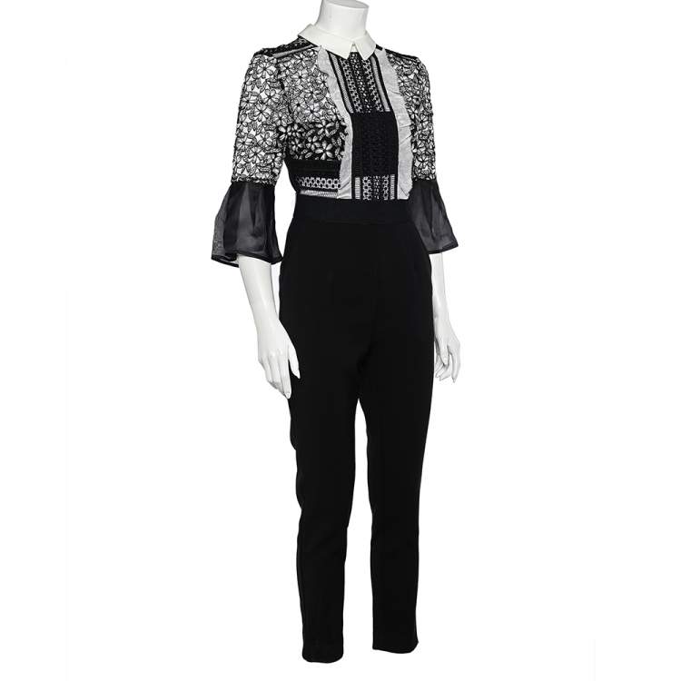 مملوكة مسبقًا Self-Portrait Black & White Lace Bodice Bell Sleeve Jumpsuit M