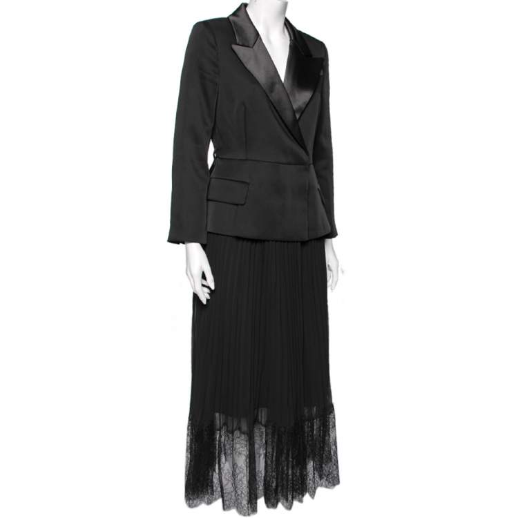 مملوكة مسبقًا Self-Portrait Black Crepe & Chiffon Plisse Pleated Tailored Dress M