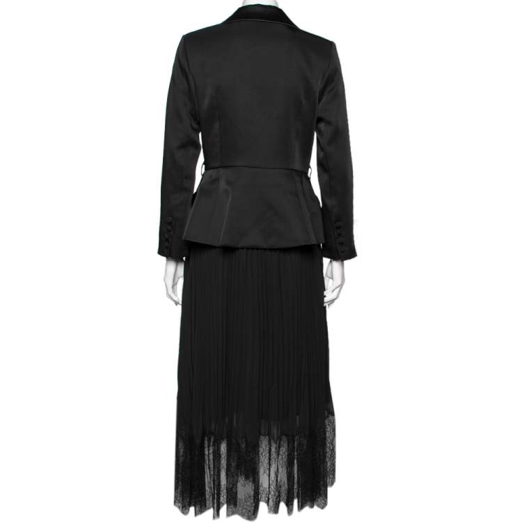 مملوكة مسبقًا Self-Portrait Black Crepe & Chiffon Plisse Pleated Tailored Dress M