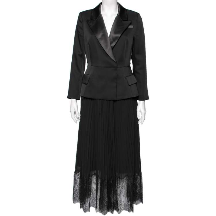 مملوكة مسبقًا Self-Portrait Black Crepe & Chiffon Plisse Pleated Tailored Dress M