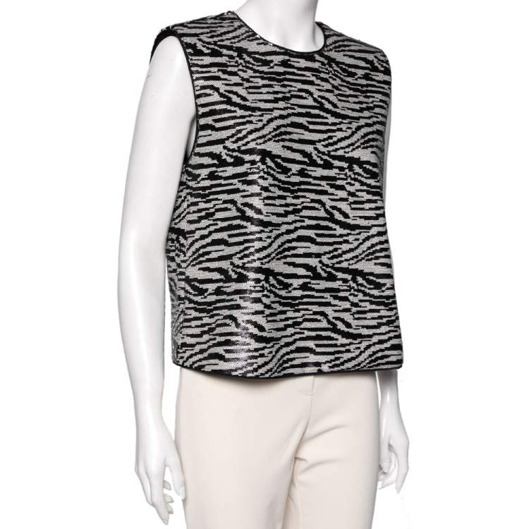 Pre Owned Self Portrait Monochrome Zebra Pattern Sequin Embellished Sleeveless Top M