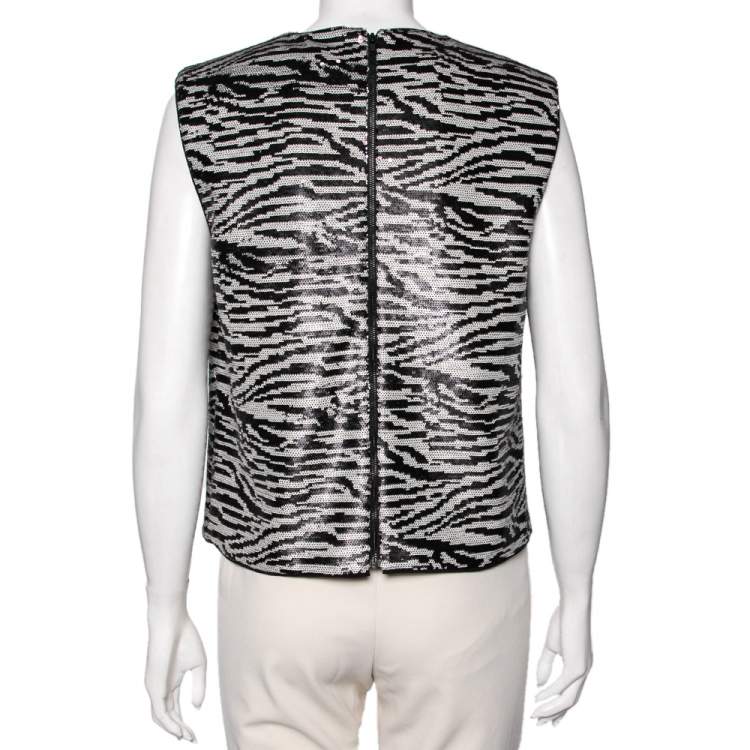 Pre Owned Self Portrait Monochrome Zebra Pattern Sequin Embellished Sleeveless Top M