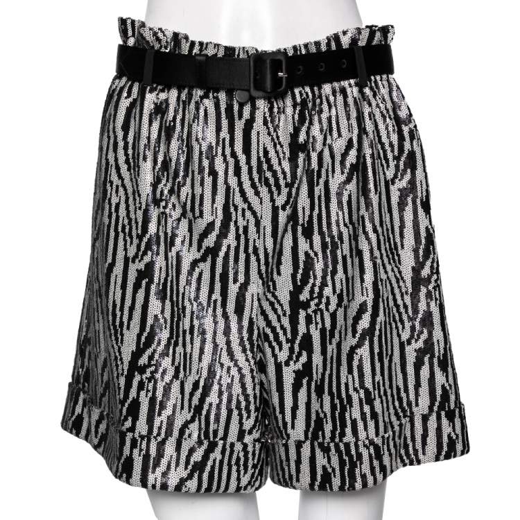 Pre Owned Self-Portrait Monochrome Zebra Patterned Sequin Embellished Belted Shorts M