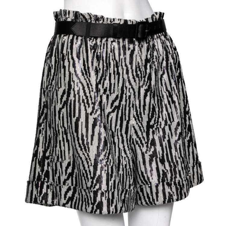 Pre Owned Self-Portrait Monochrome Zebra Patterned Sequin Embellished Belted Shorts M