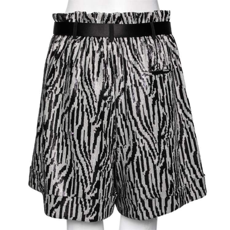 Pre Owned Self-Portrait Monochrome Zebra Patterned Sequin Embellished Belted Shorts M