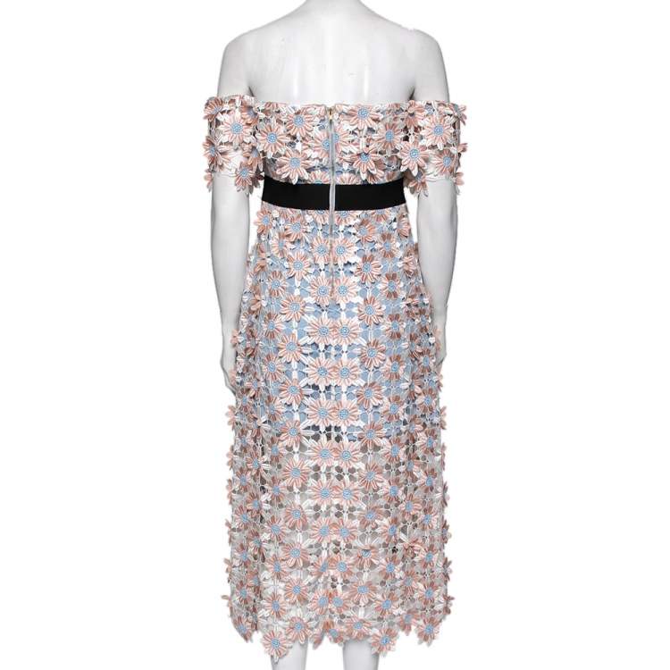 Pre Owned Self-Portrait Blue & Pink Floral Guipure Lace Off-Shoulder Midi Dress L