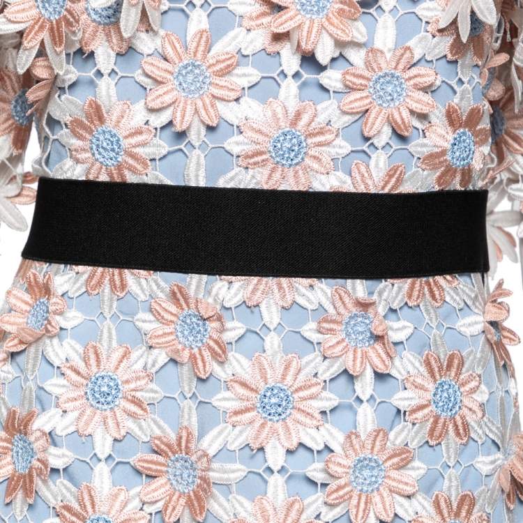 Pre Owned Self-Portrait Blue & Pink Floral Guipure Lace Off-Shoulder Midi Dress L