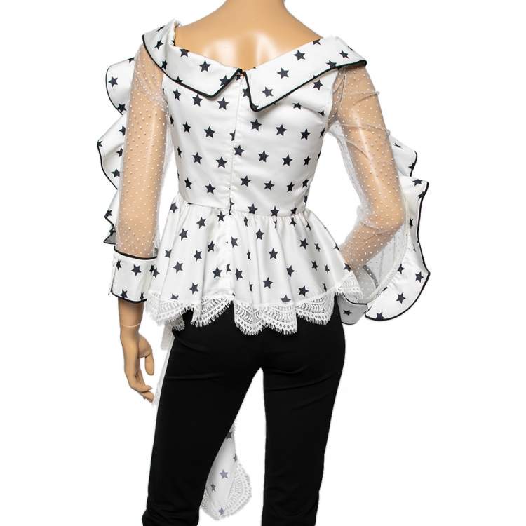 Pre Owned Self-Portrait White Star Printed Satin & Lace Trimmed Asymmetrical Blouse S