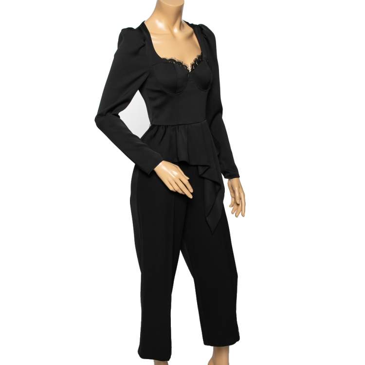 Pre Owned Self-Portrait Black Crepe Lace Trimmed Peplum Pleated Detail Jumpsuit S