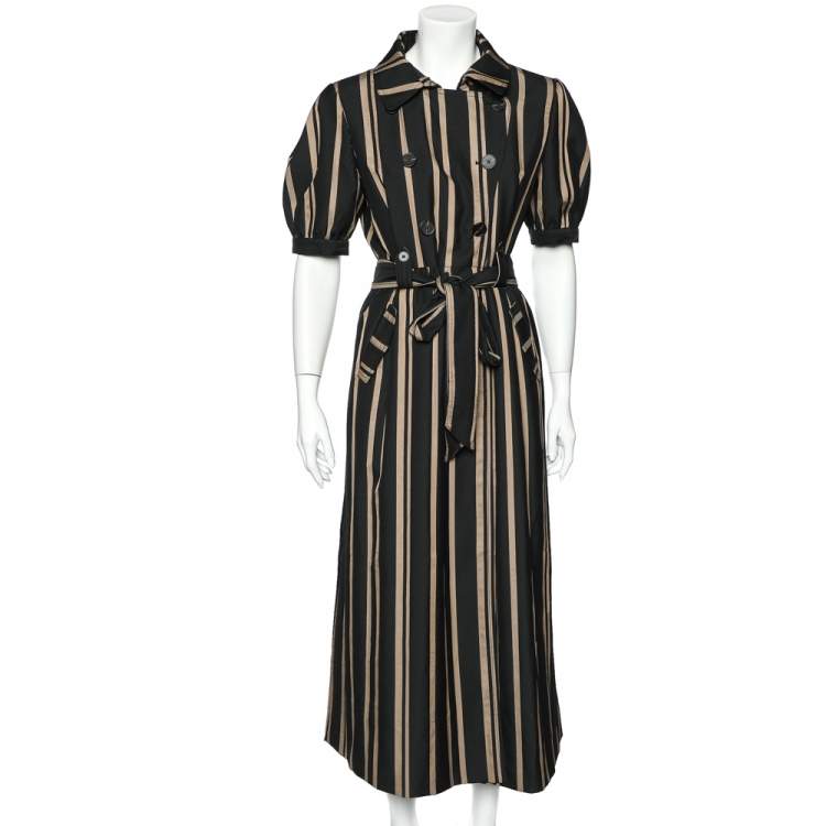 Pre Owned Self-Portrait Black Striped Synthetic Belted Trench Coat Dress L