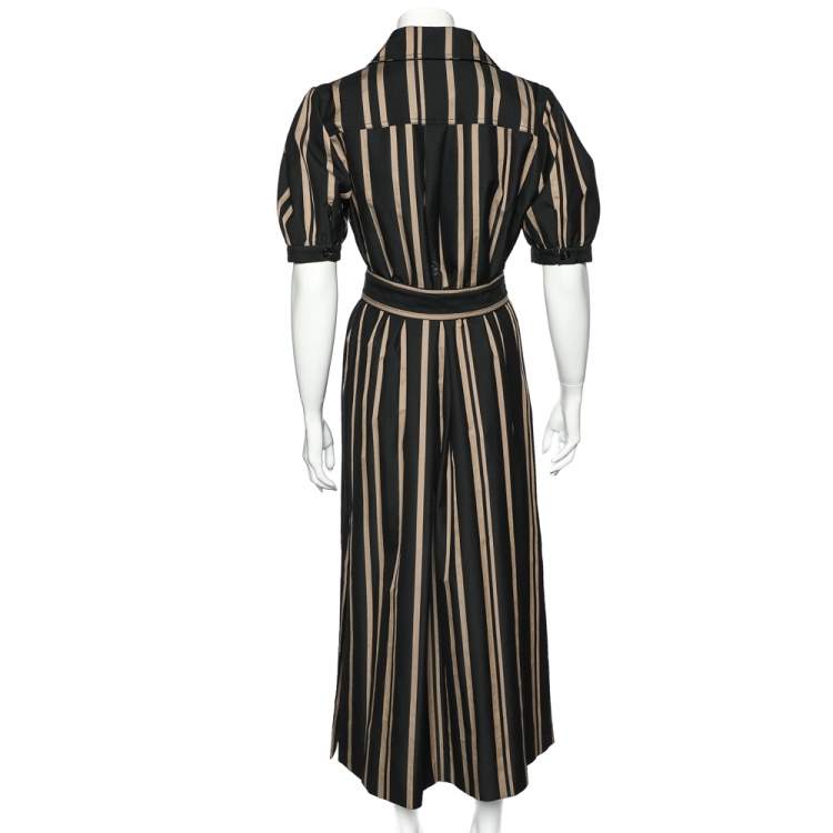 Pre Owned Self-Portrait Black Striped Synthetic Belted Trench Coat Dress L