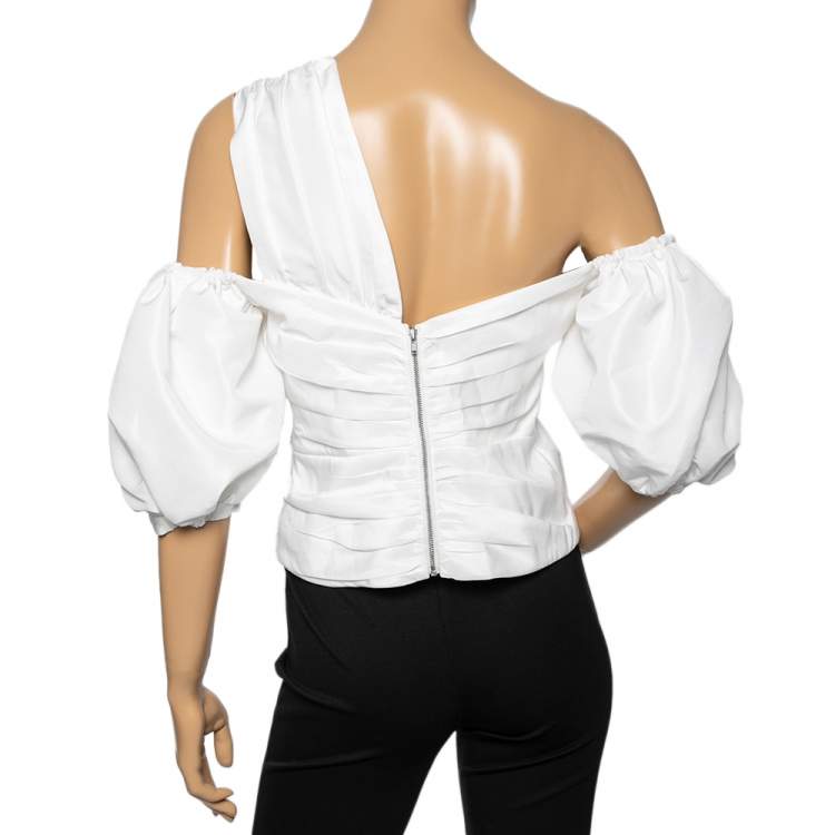 Pre Owned Self-Portrait White Taffeta Ruched One-Shoulder Top M 
