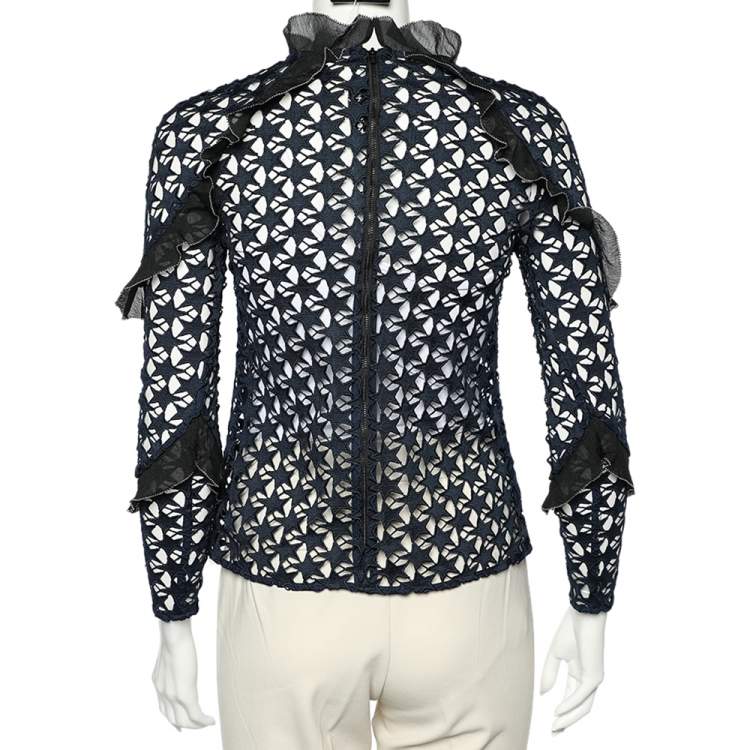 Pre Owned Self-Portrait Navy Blue Star Lace Ruffled Top XS