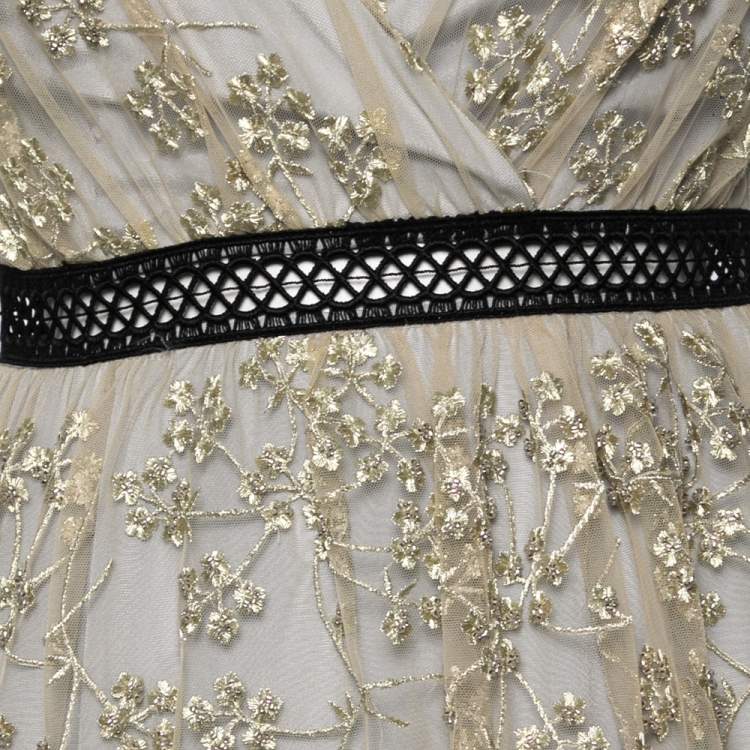 Pre Owned Self-Portrait Grey & Gold Embroidery Embellished Tulle V-Neck Midi Dress M