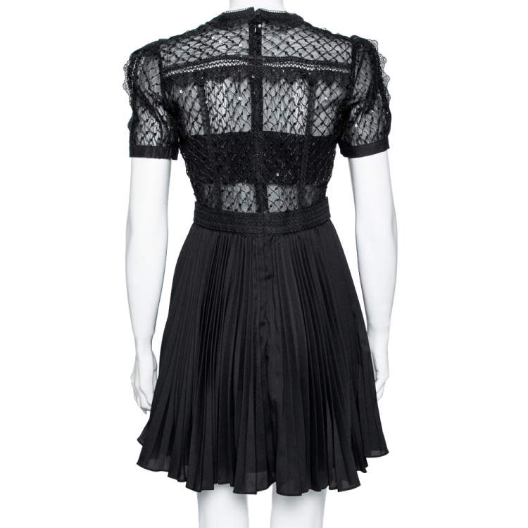 Pre Owned Self-Portrait Black Mesh Sequin Embellished Puff Sleeve Mini Dress M