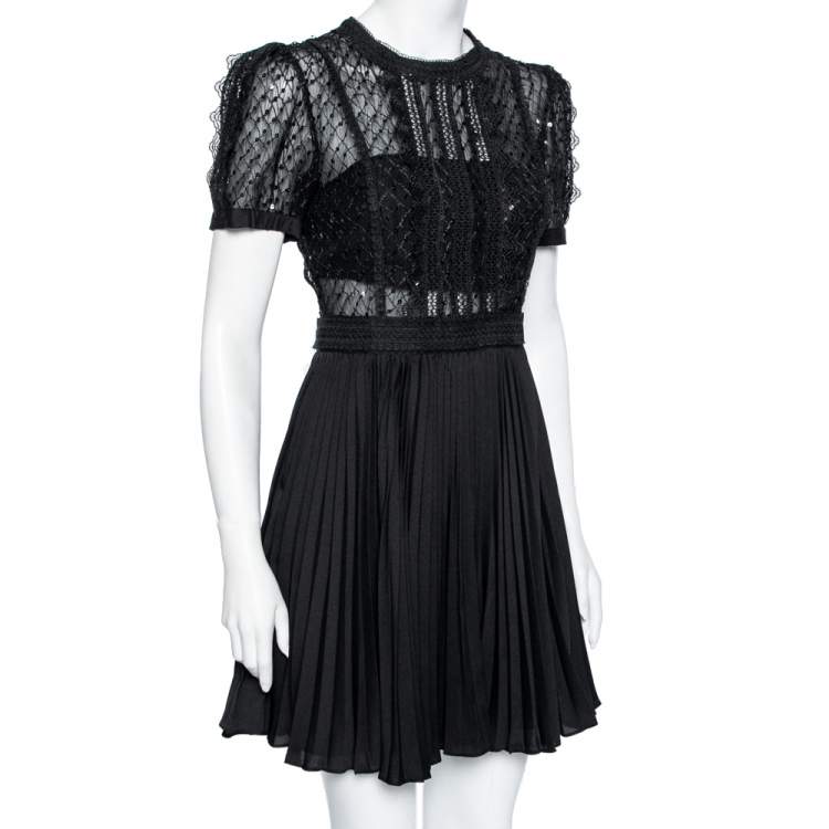 Pre Owned Self-Portrait Black Mesh Sequin Embellished Puff Sleeve Mini Dress M