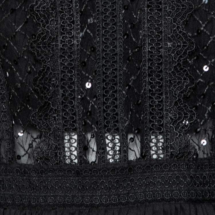 Pre Owned Self-Portrait Black Mesh Sequin Embellished Puff Sleeve Mini Dress M