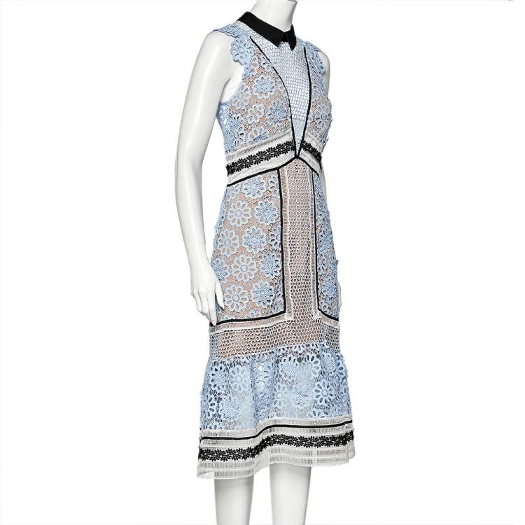Pre Owned Self-Portrait Blue Guipure Lace Sleeveless Midi Dress M