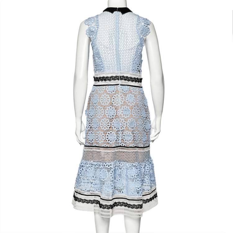 Pre Owned Self-Portrait Blue Guipure Lace Sleeveless Midi Dress M