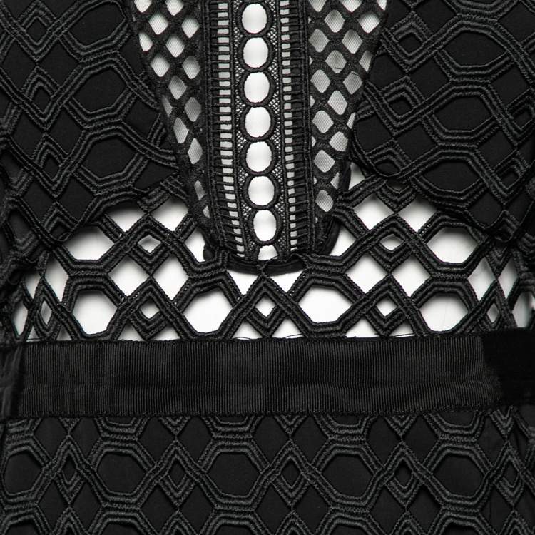 مملوكة مسبقًا Self-Portrait Black Guipure Lace Ruffle Trim Detailed Long Sleeve Dress M