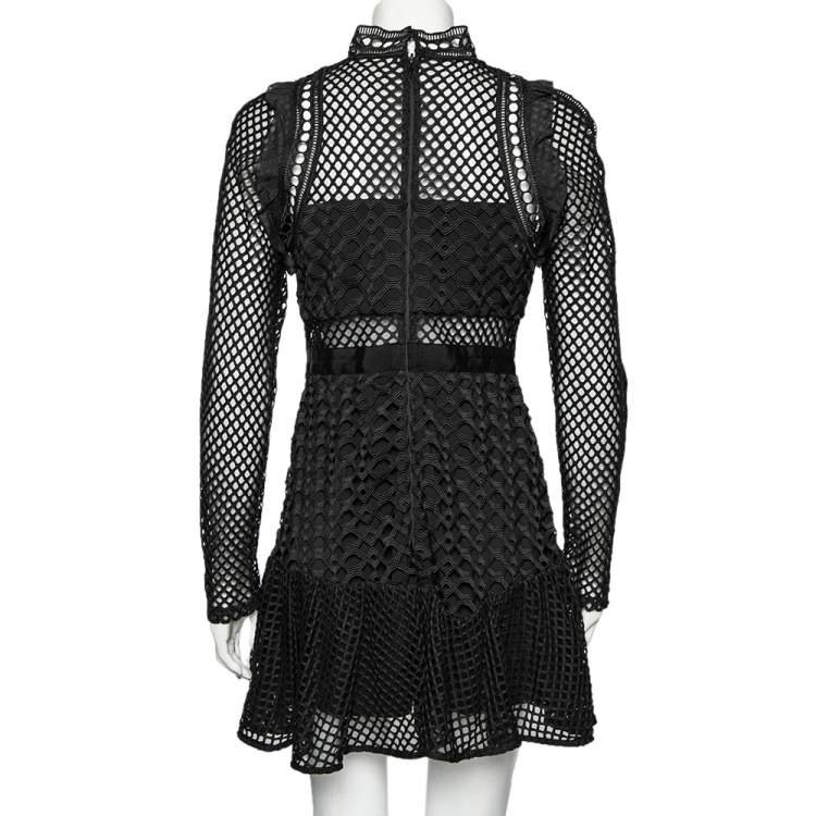 مملوكة مسبقًا Self-Portrait Black Guipure Lace Ruffle Trim Detailed Long Sleeve Dress M