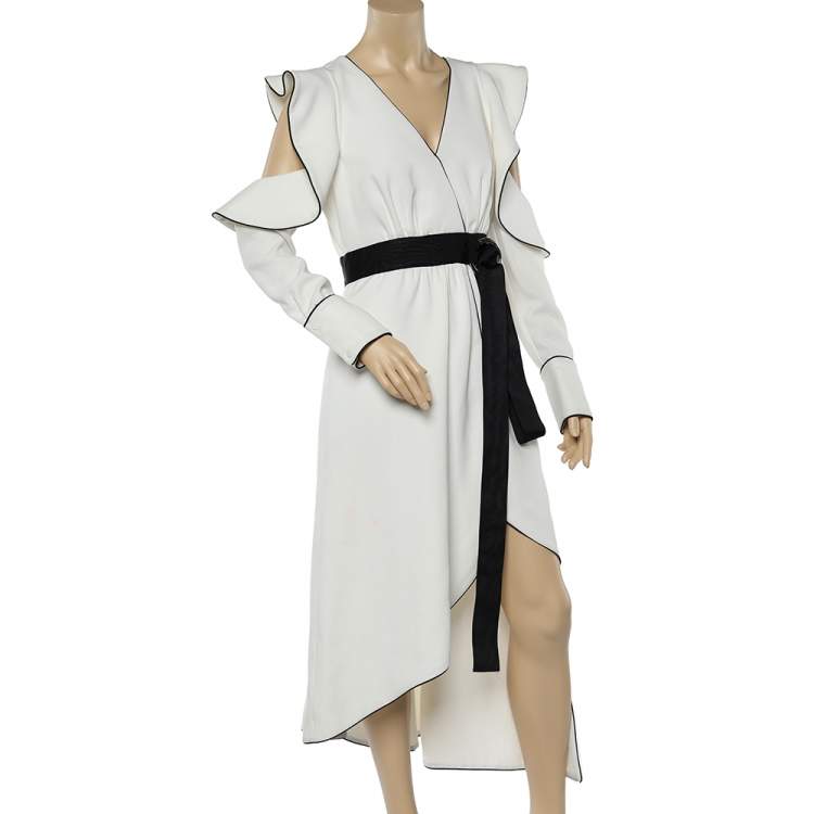 Pre Owned Self-Portrait White Crepe Ruffled Cut Shoulder Asymmetric Hem Midi Dress M