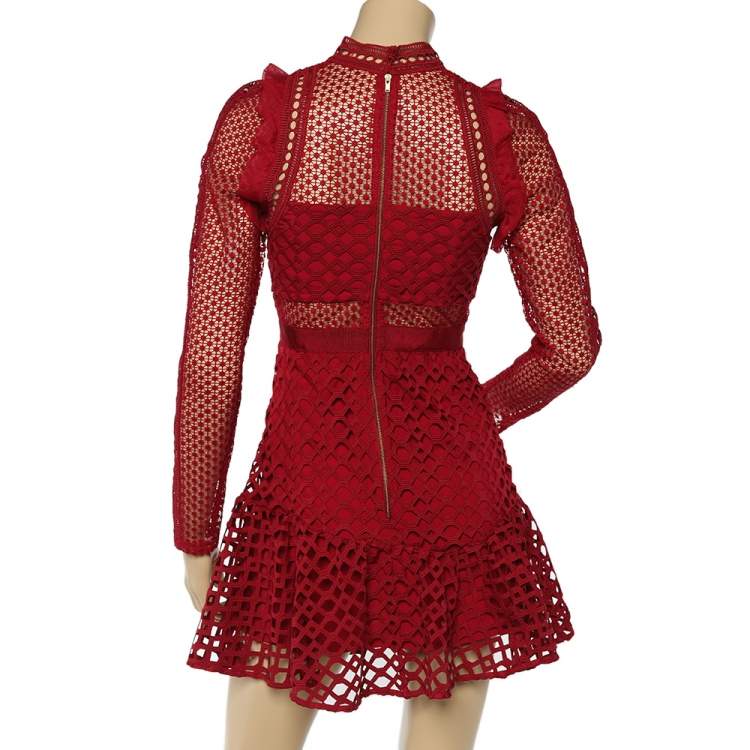 Pre Owned Self- Portrait Red Lace Hall Mini Dress S
