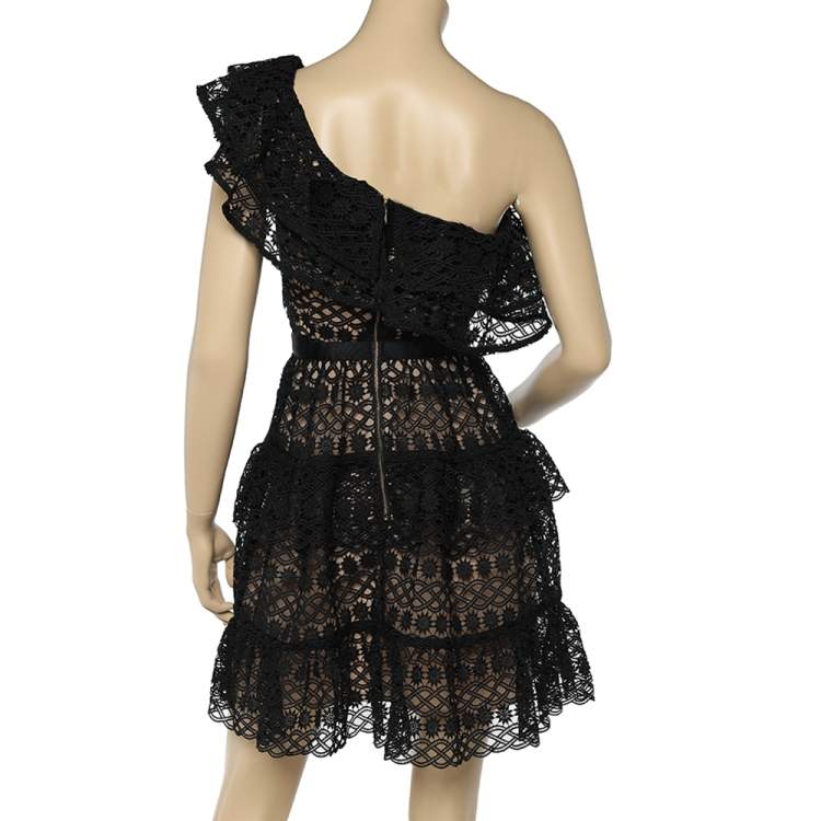 Pre Owned Self-Portrait Black Lace Overlay One Shoulder Mini Dress S