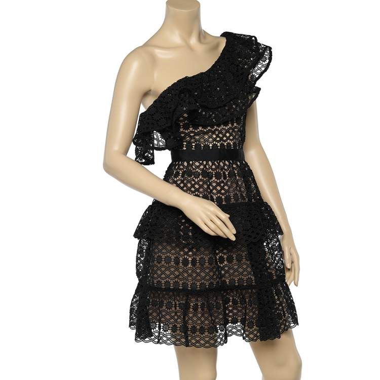 Pre Owned Self-Portrait Black Lace Overlay One Shoulder Mini Dress S