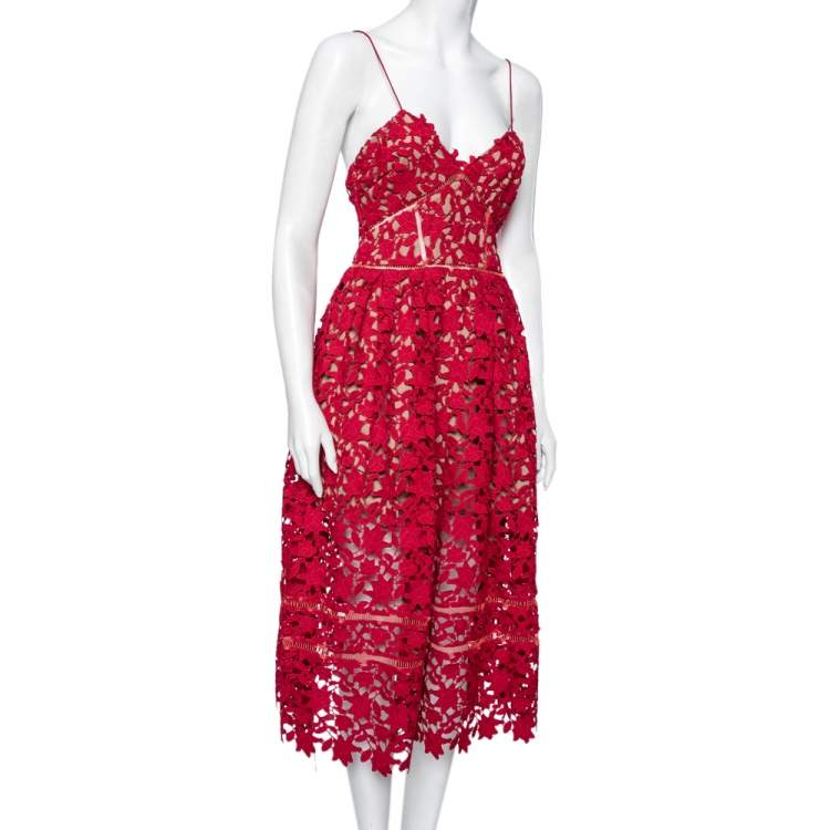 Pre Owned Self-Portrait Fuchsia Floral Guipure Lace Sleeveless Midi Dress M
