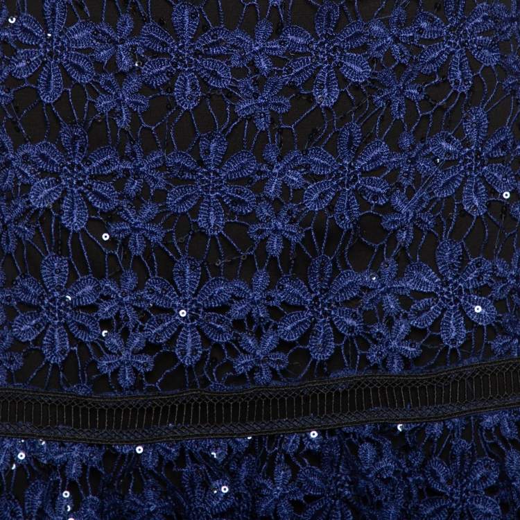 Pre Owned Self-Portrait Blue Floral Guipure Lace Sequin Embellished Tiered Skirt S