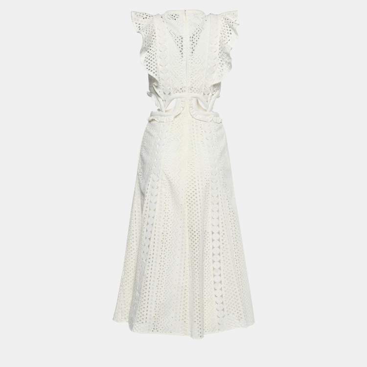 مملوكة مسبقًا Self-Portrait White Embroidered Cutout Guipure Lace Midi Dress S