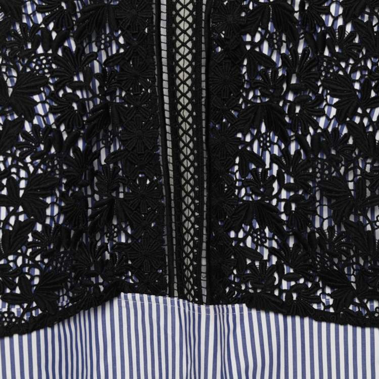 Pre Owned Self-Portrait Blue Striped Cotton Lace Overlay Shirt Dress M