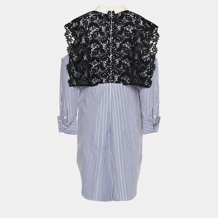 Pre Owned Self-Portrait Blue Striped Cotton Lace Overlay Shirt Dress M
