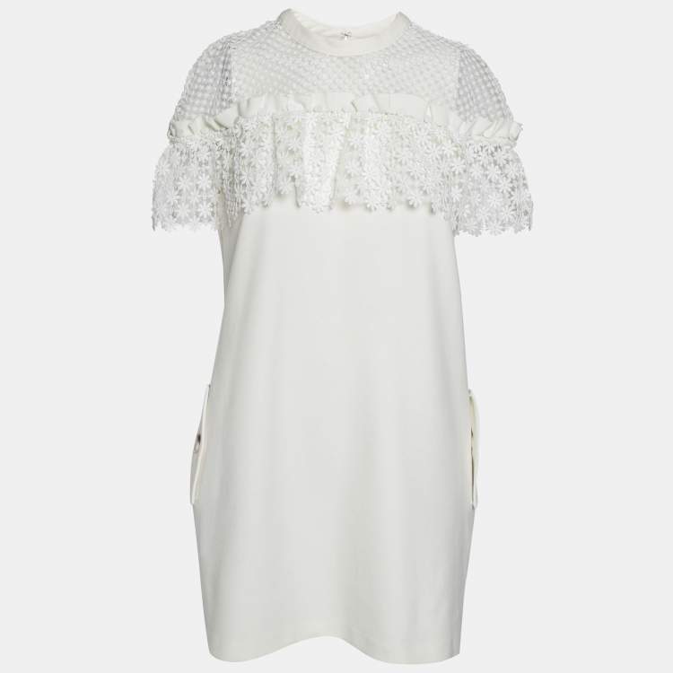 Pre Owned Self-Portrait White Knit Lace Trimmed Midi Dress M