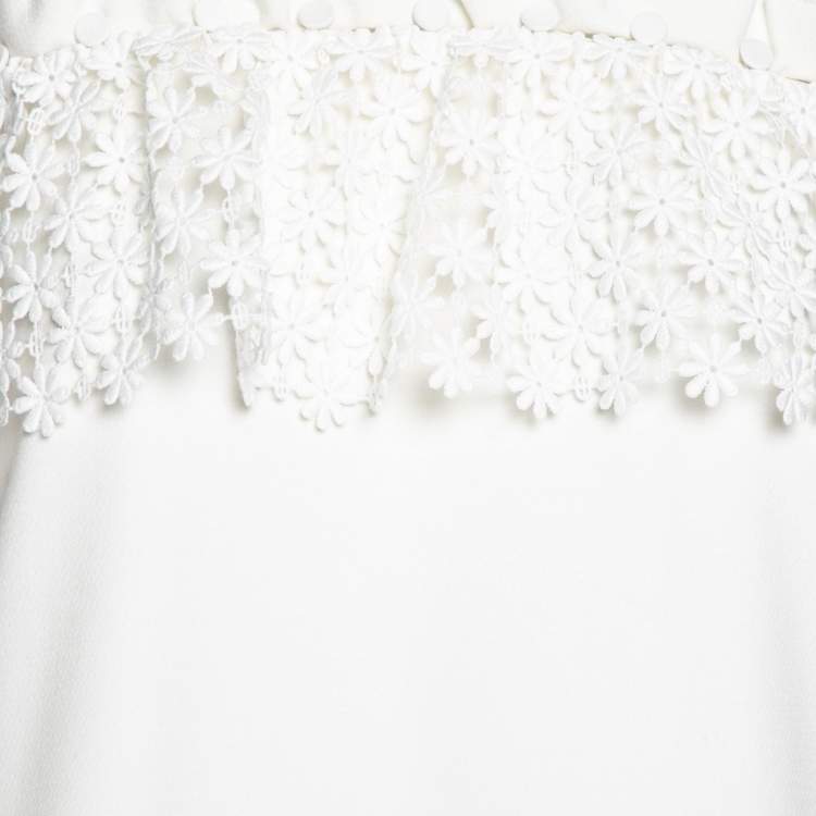 Pre Owned Self-Portrait White Knit Lace Trimmed Midi Dress M