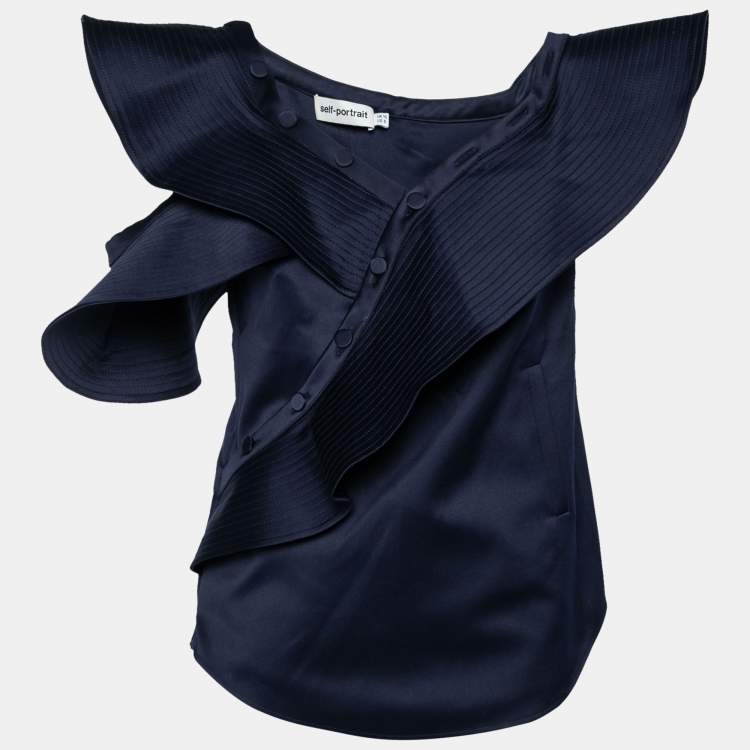 Pre Owned Self Portrait Navy Blue Sleeveless Satin Frill Top M