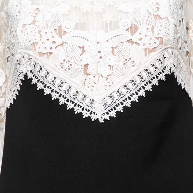 Pre Owned Self-Portrait Black and White Floral Embroidered Organza And Crepe Mini Dress M