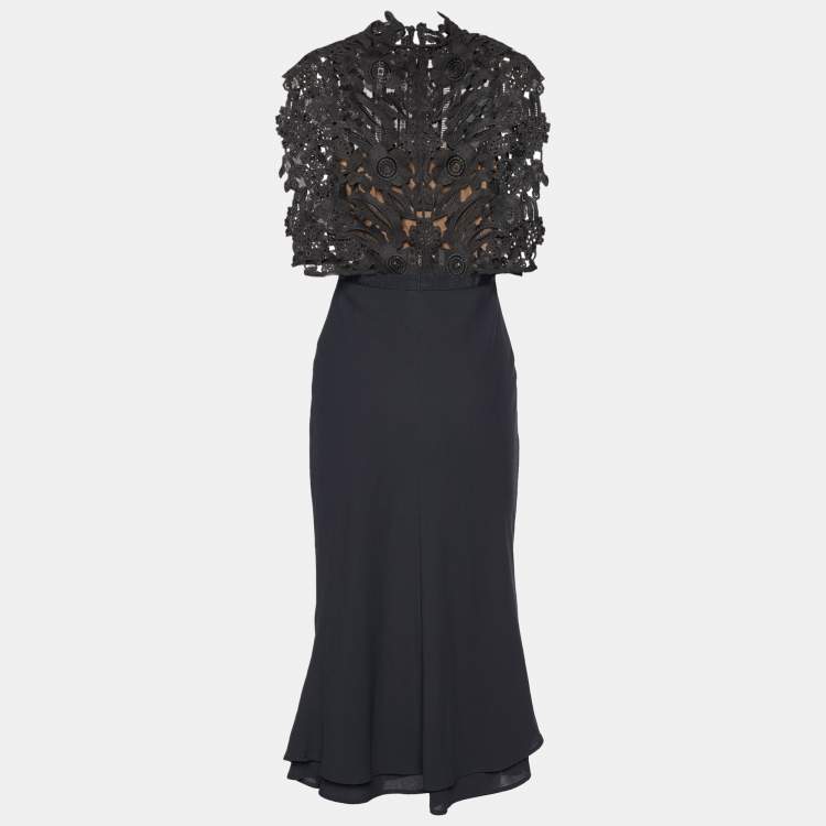 مملوكة مسبقًا Self-Portrait Black Cropped Lace Overlay Midi Dress XS