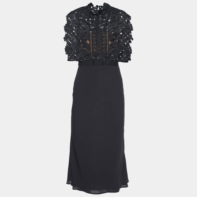 مملوكة مسبقًا Self-Portrait Black Cropped Lace Overlay Midi Dress XS