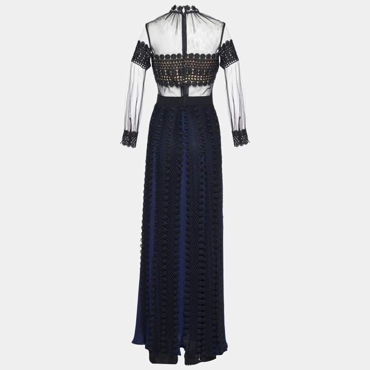 Pre Owned Self-Portrait Black and Blue Crepe Sheer Panels and Overlay Maxi Dress M