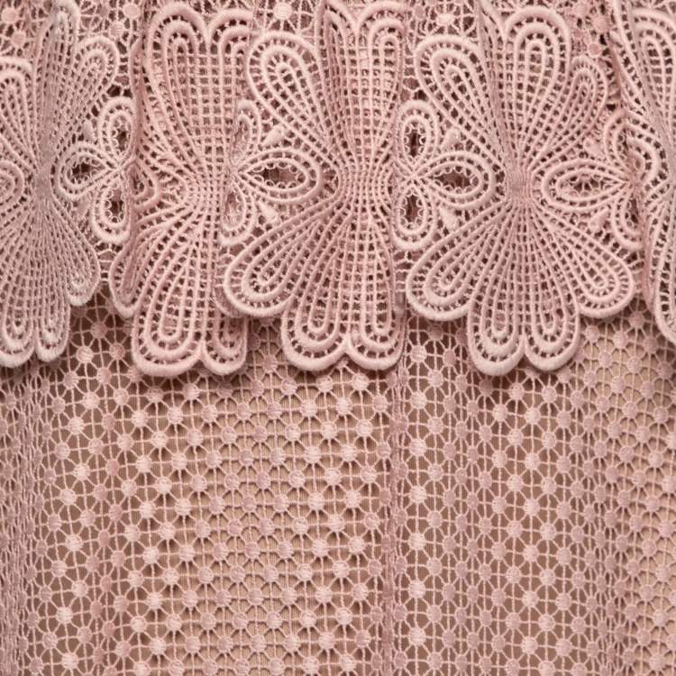 Pre Owned Self- Portrait Pink Guipure Lace Natalia Peplum Short Dress M