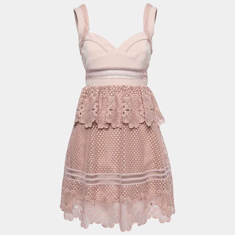 Pre Owned Self- Portrait Pink Guipure Lace Natalia Peplum Short Dress M