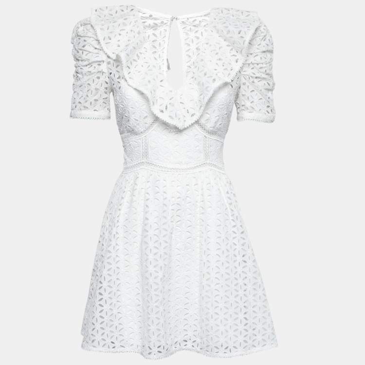 Pre Owned Self-Portrait White Eyelet Embroidered Cotton Puff Shoulder Mini Dress S