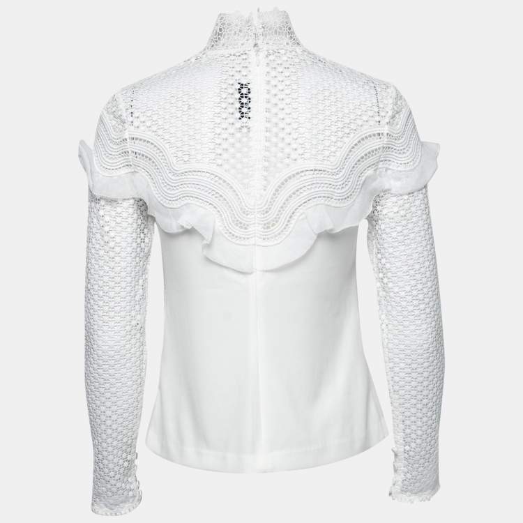 Pre Owned Self-Portrait White Crepe & Guipure Lace Long Sleeve Top S