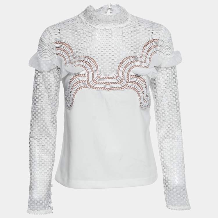 Pre Owned Self-Portrait White Crepe & Guipure Lace Long Sleeve Top S