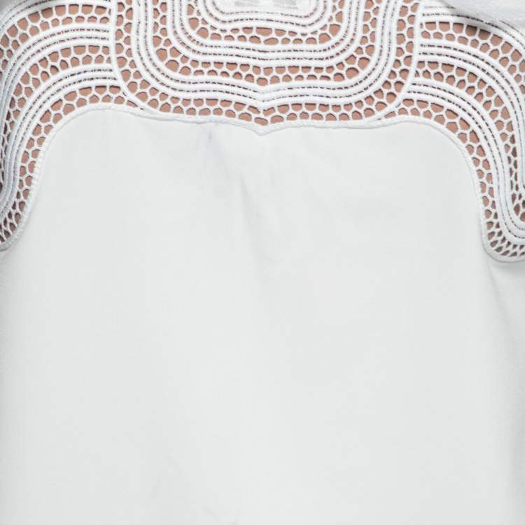 Pre Owned Self-Portrait White Crepe & Guipure Lace Long Sleeve Top S